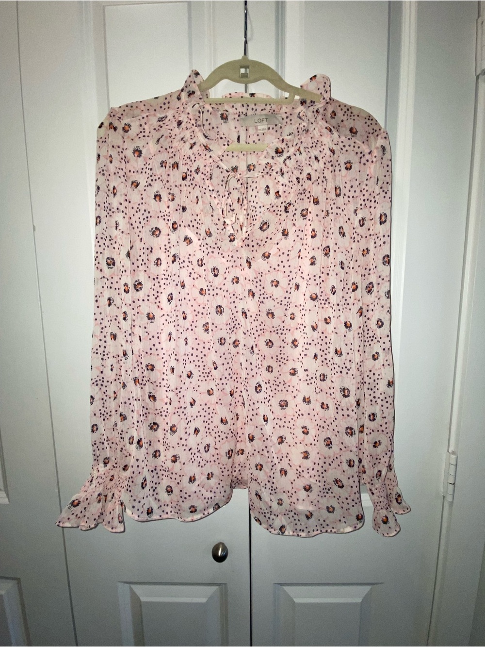 LOFT Light Pink Floral Ruffled Tie-Neck Blouse